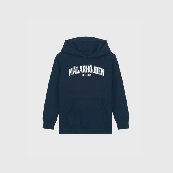 Mälarhöjden marinblå hoodie junior text