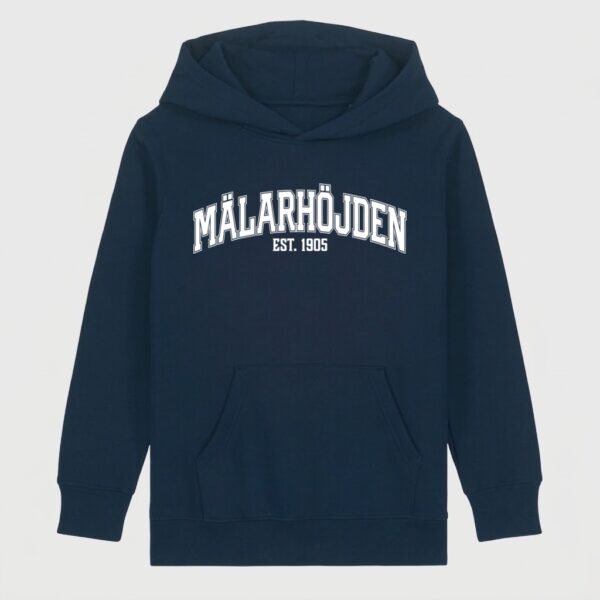 Mälarhöjden marinblå hoodie junior text